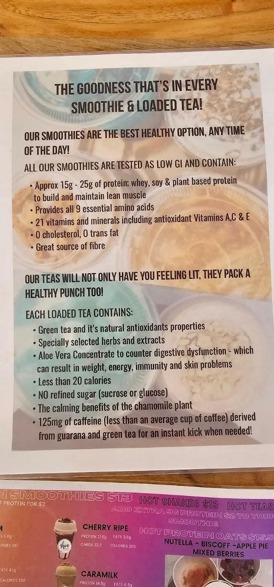 Menu, Shine nutrition & Co