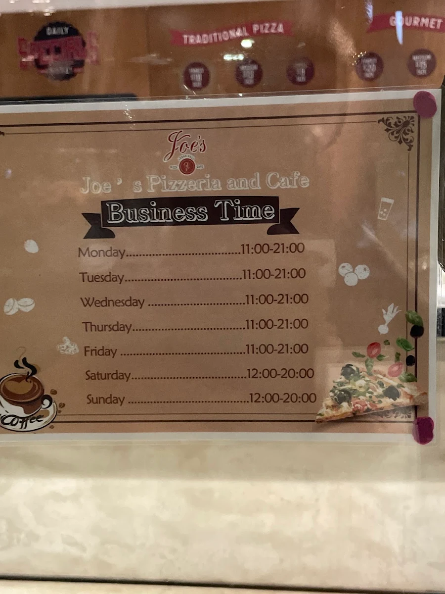 Menu, Joe's Pizzeria & Cafe