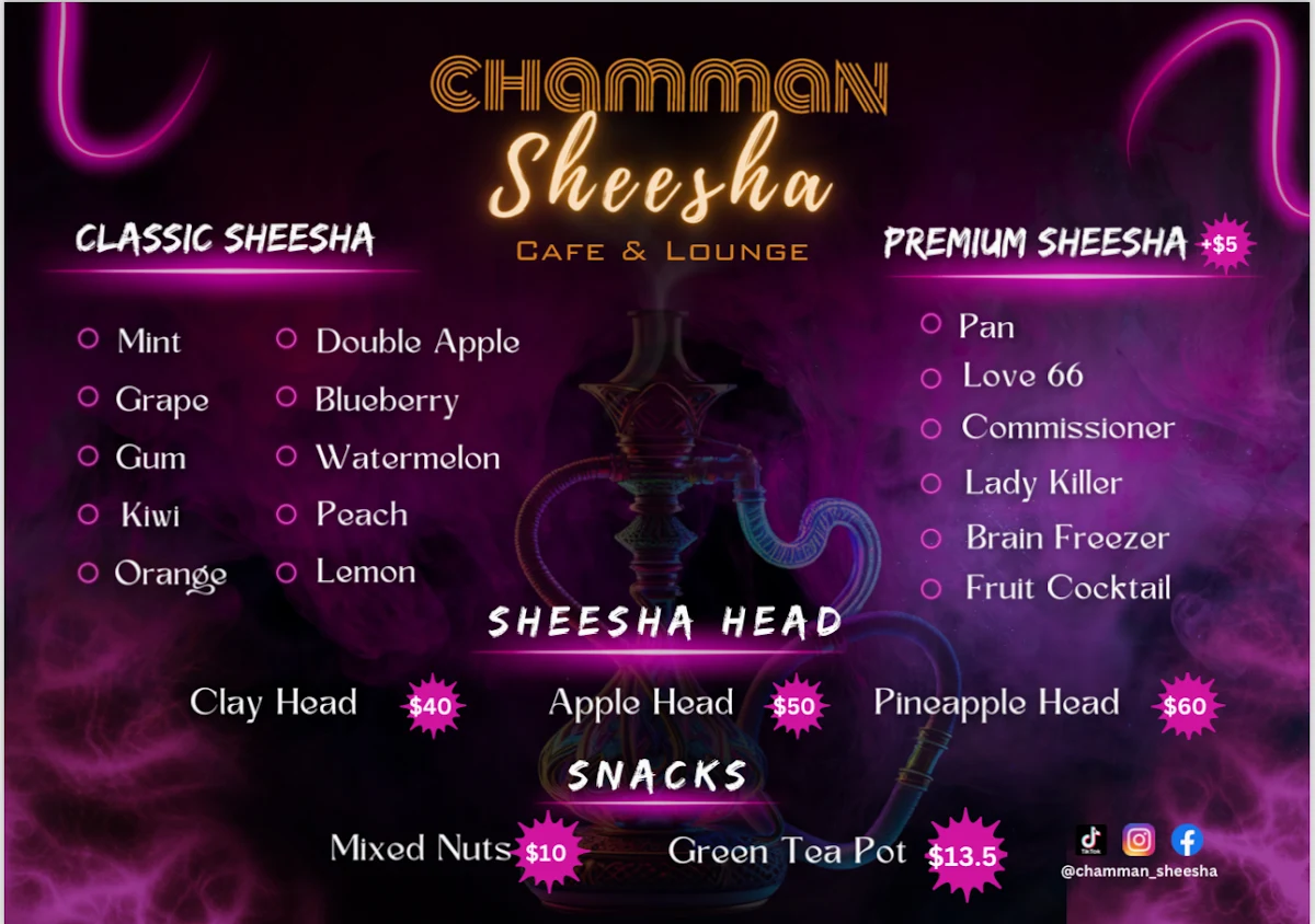 Menu, Chamman Restaurant & shisha cafe