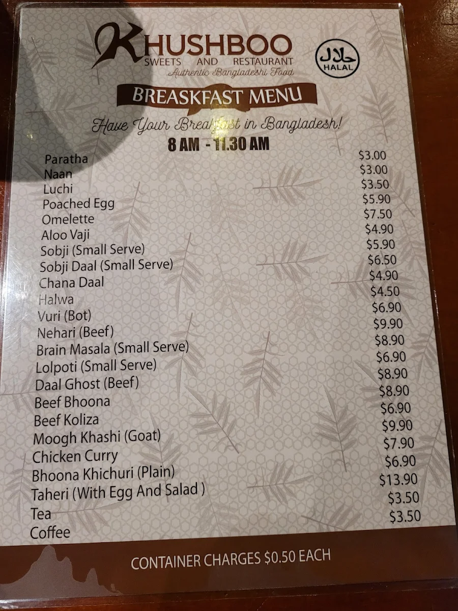 Menu, Khushboo Sweets and Restaurant