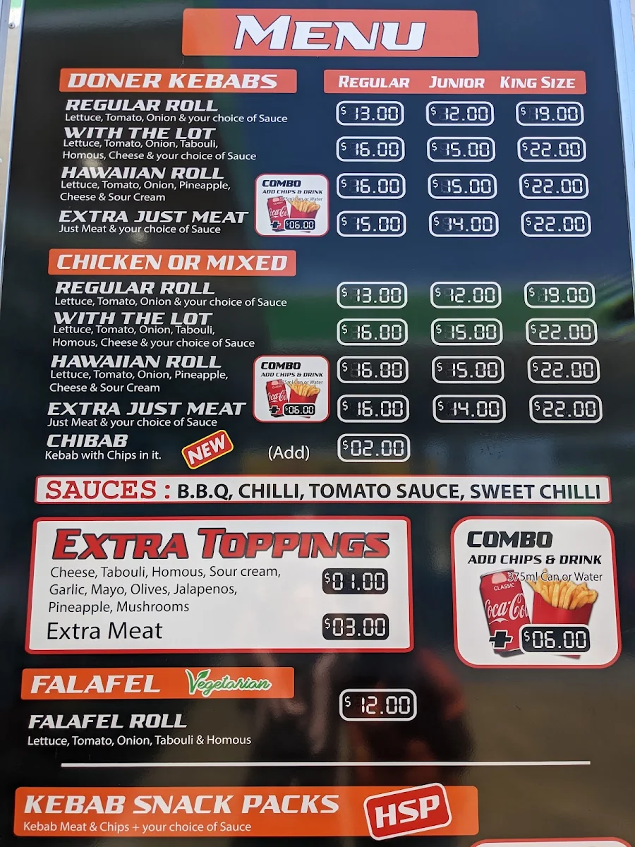 Menu, Billy's Kebab's