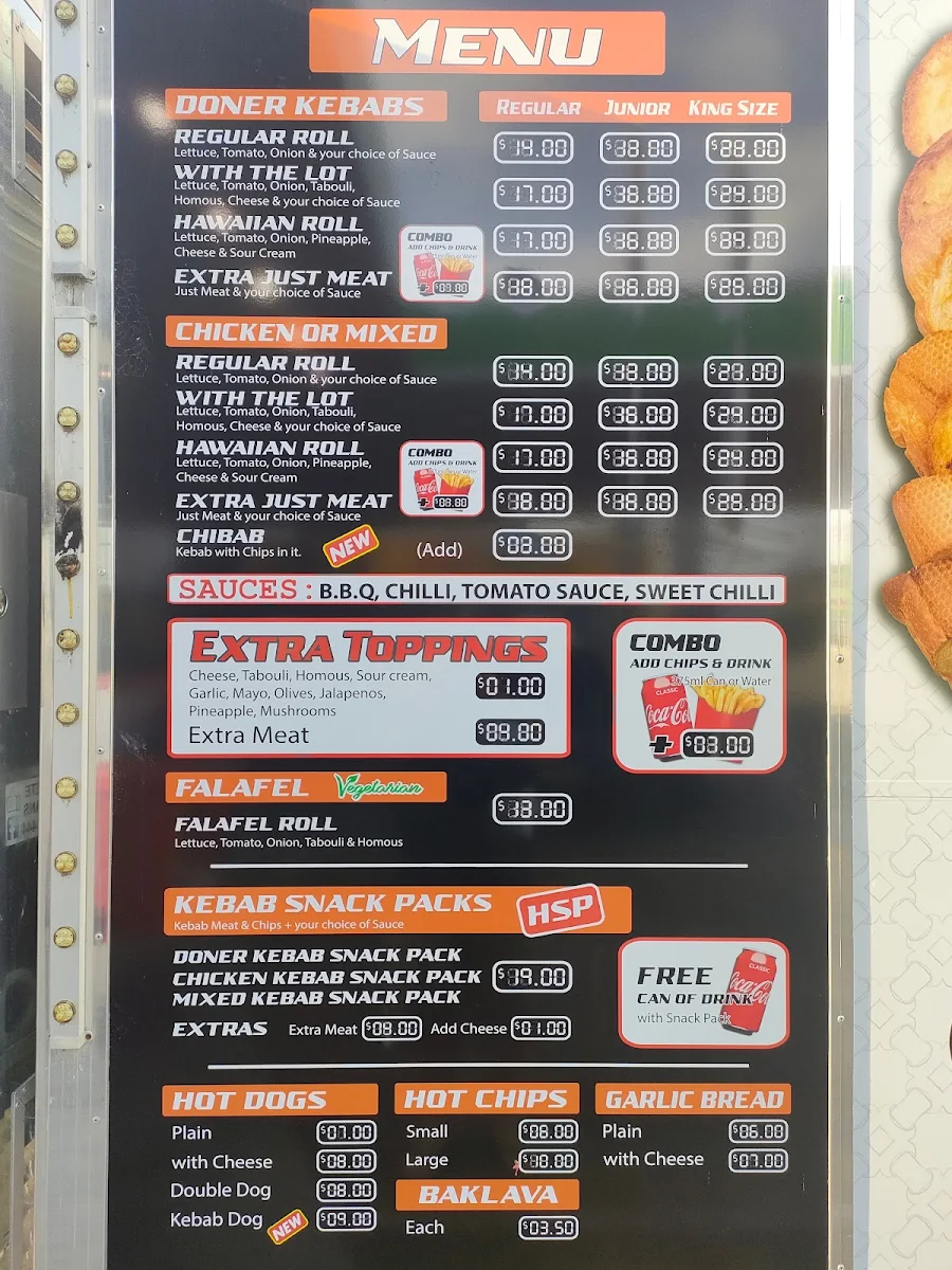 Menu, Billy's Kebab's