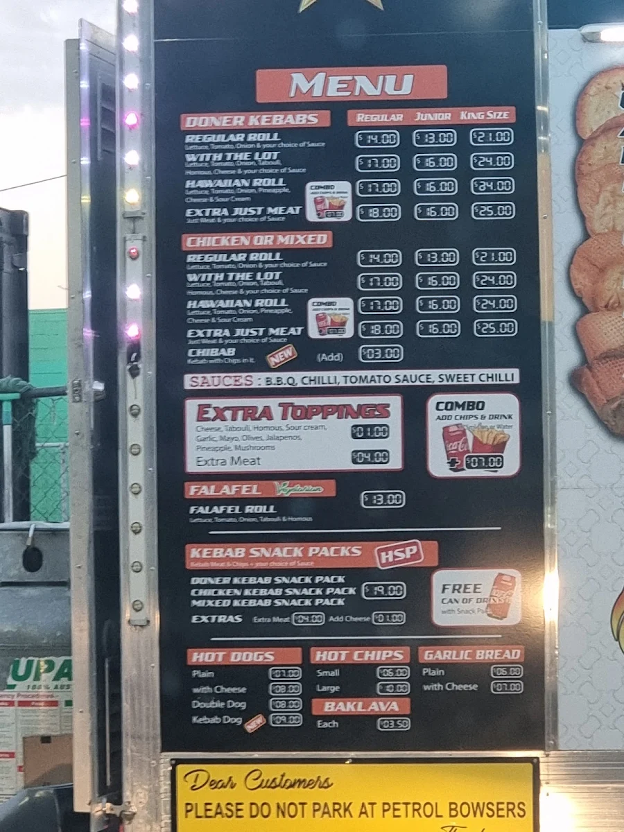 Menu, Billy's Kebab's