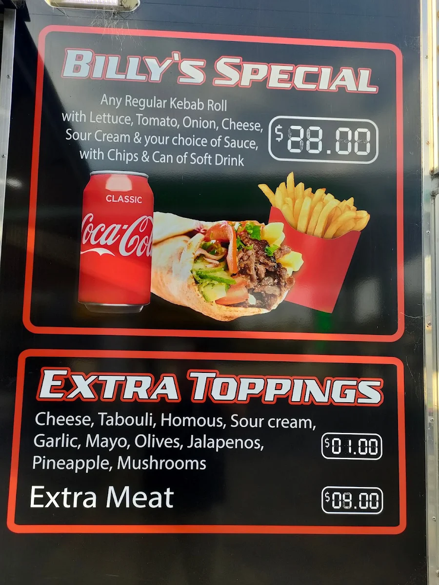 Menu, Billy's Kebab's