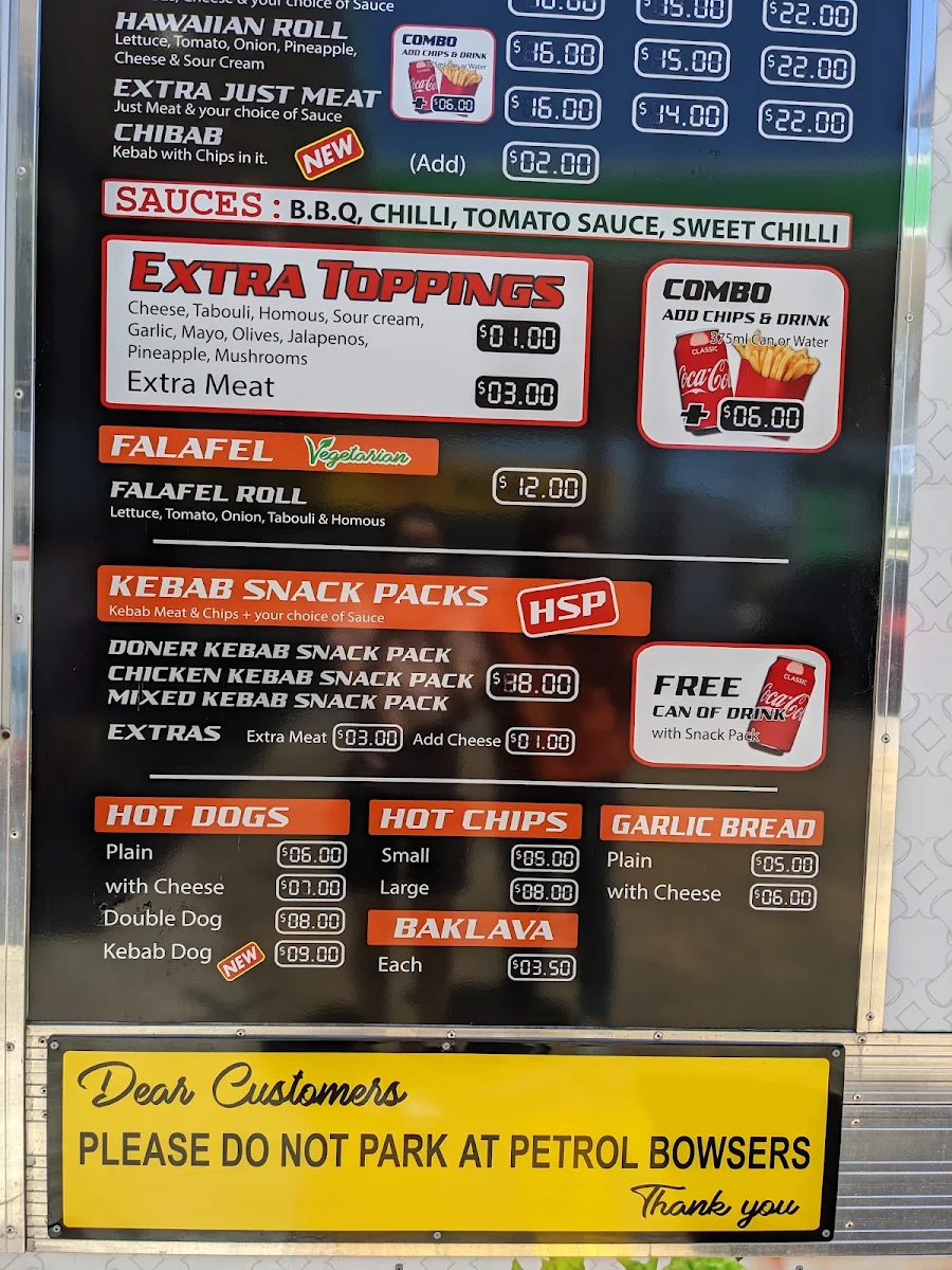 Menu, Billy's Kebab's
