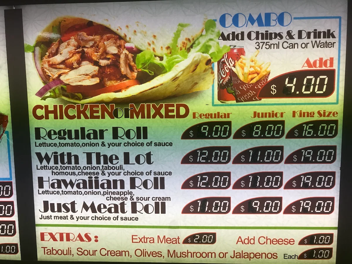 Menu, Billy's Kebab's
