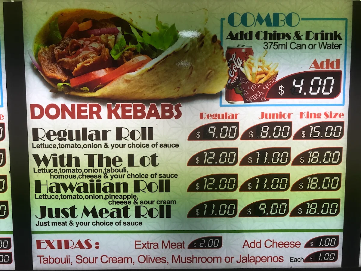 Menu, Billy's Kebab's