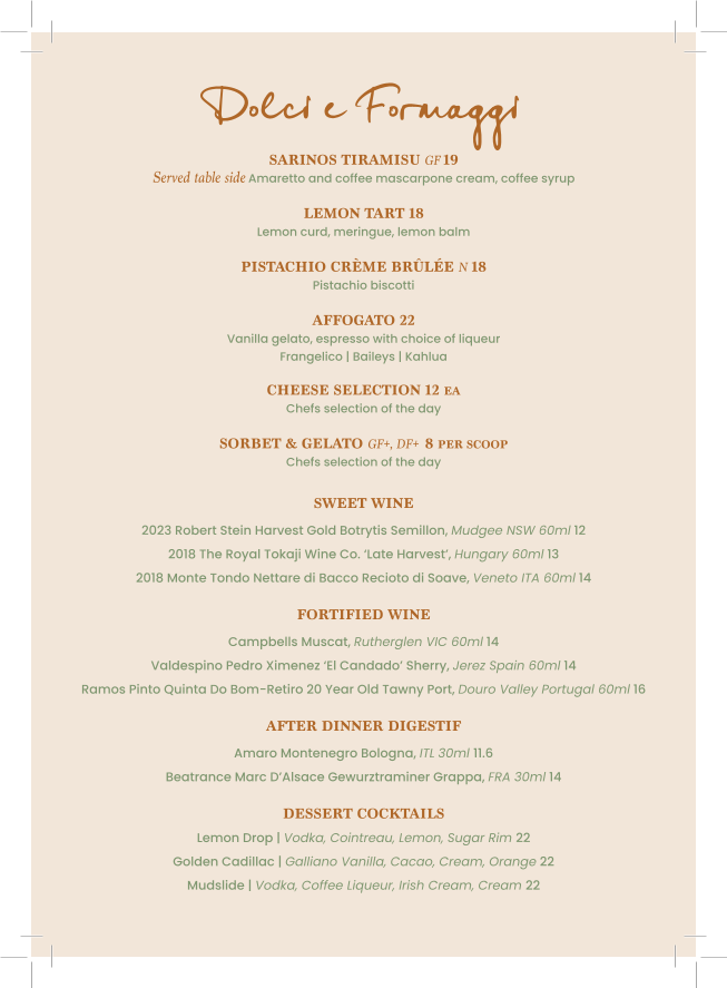 Menu, Sarino's