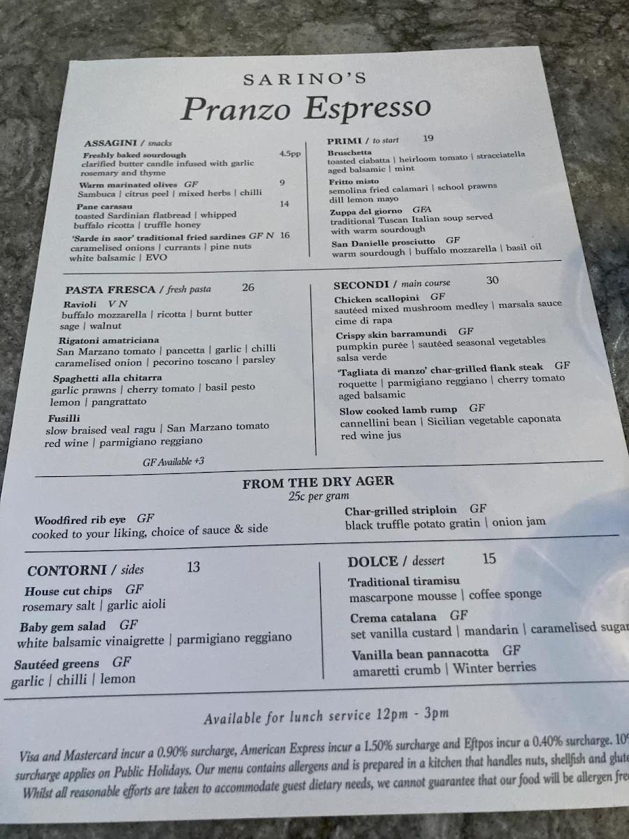 Menu, Sarino's