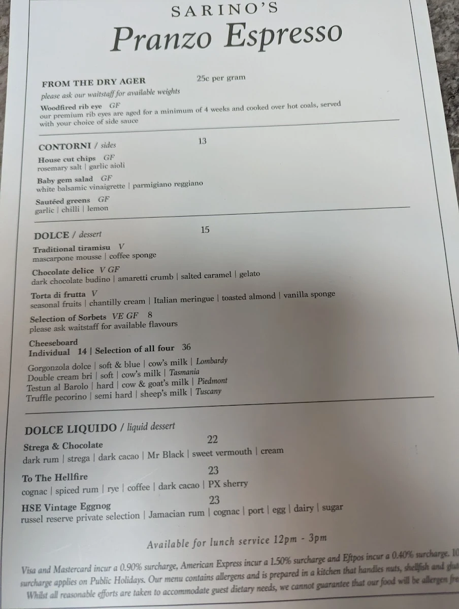 Menu, Sarino's