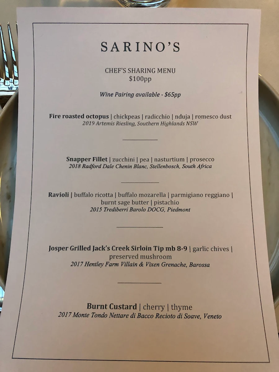 Menu, Sarino's