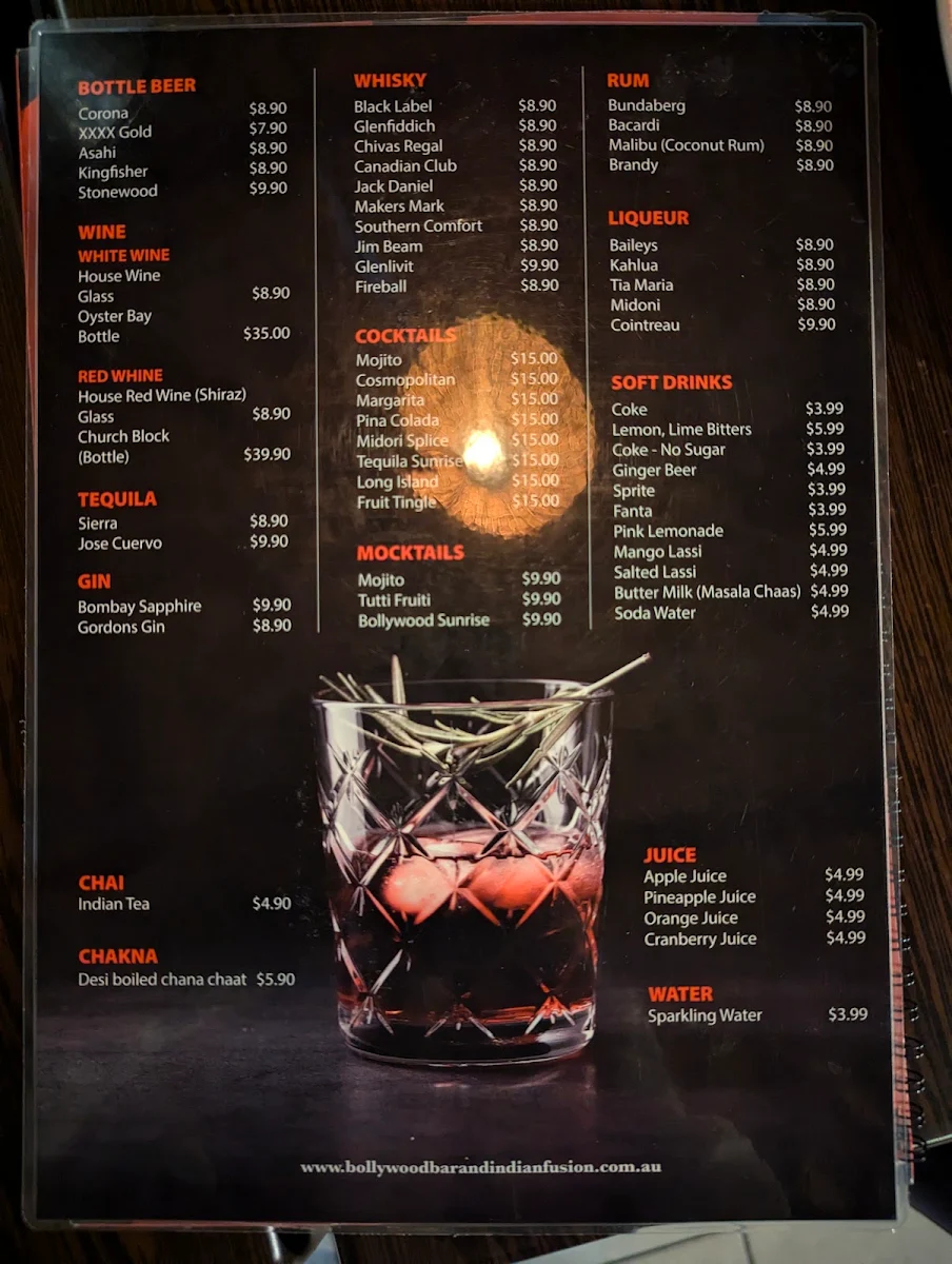 Menu, Bollywood Bar Indian Fusion