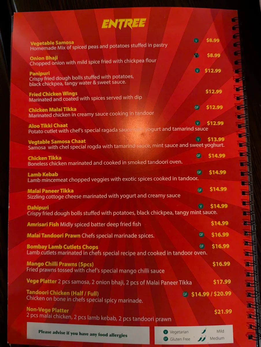 Menu, Bollywood Bar Indian Fusion