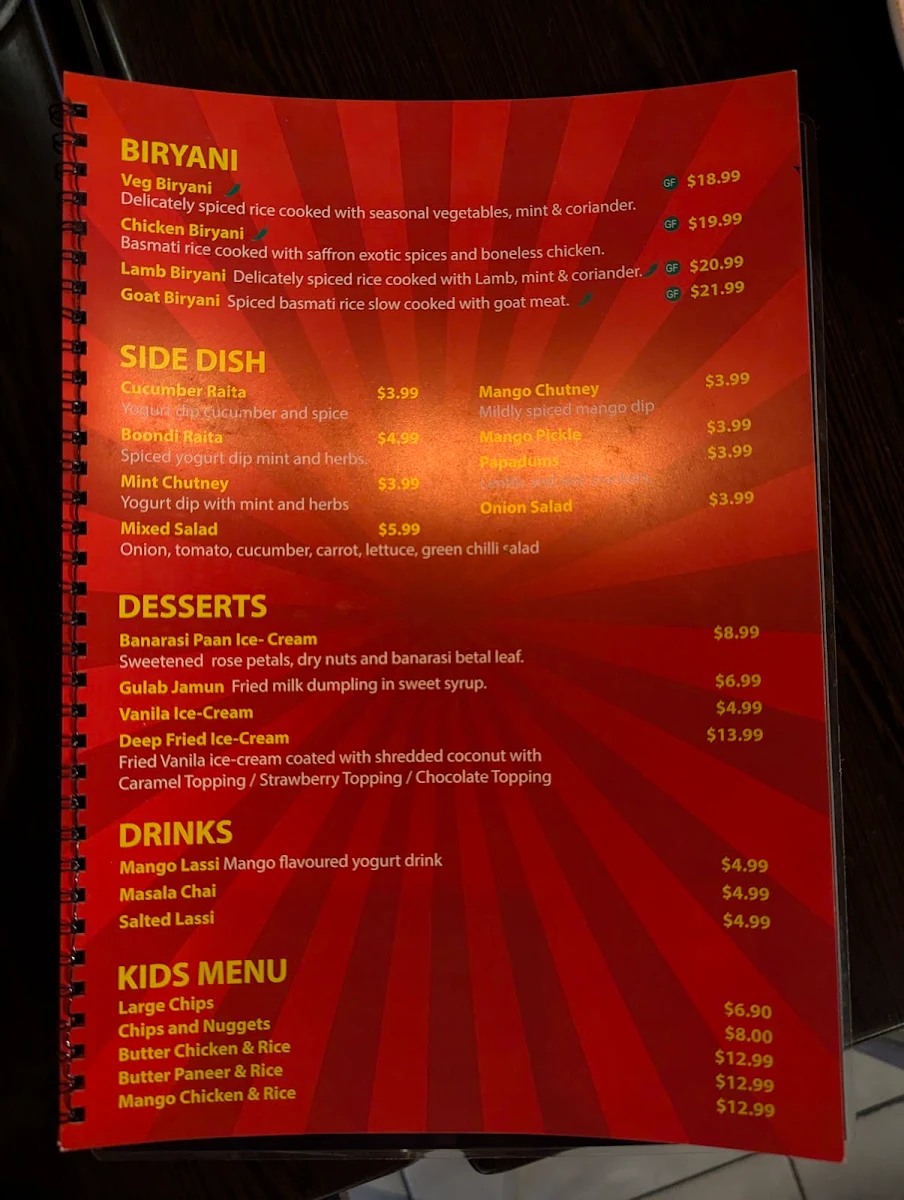 Menu, Bollywood Bar Indian Fusion