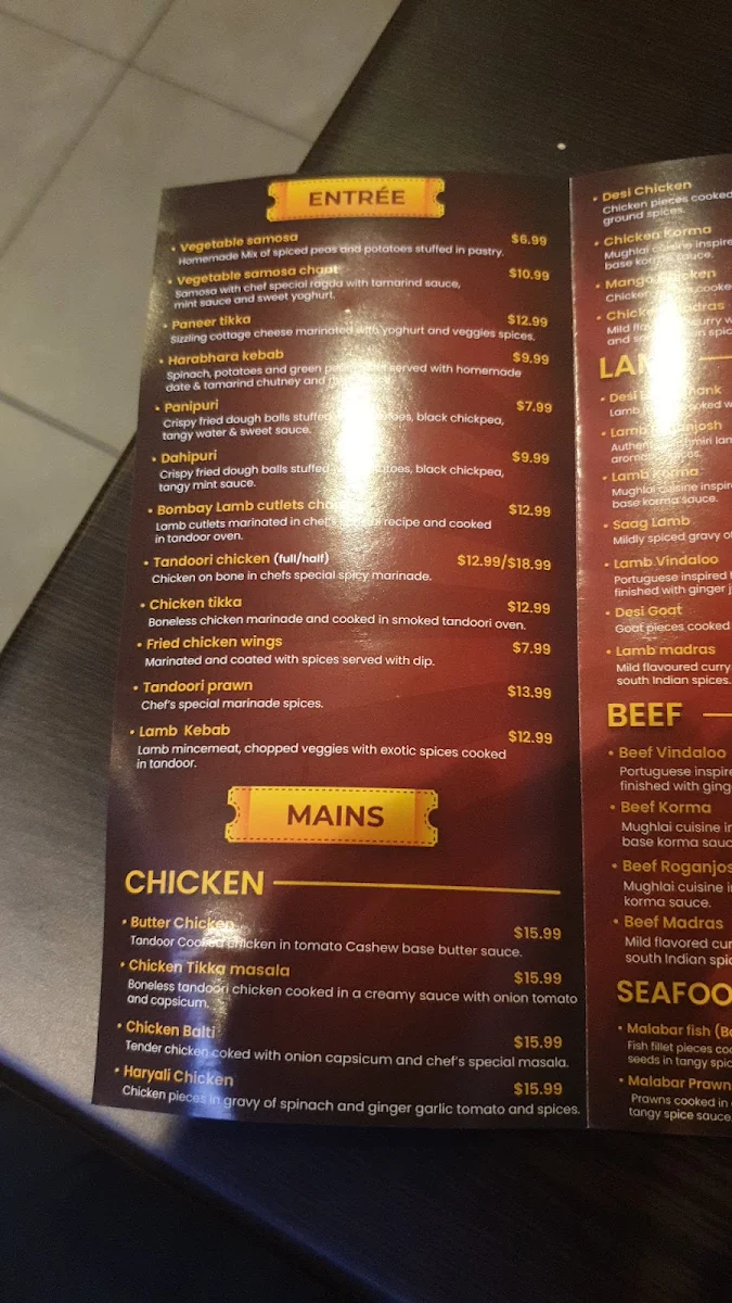 Menu, Bollywood Bar Indian Fusion