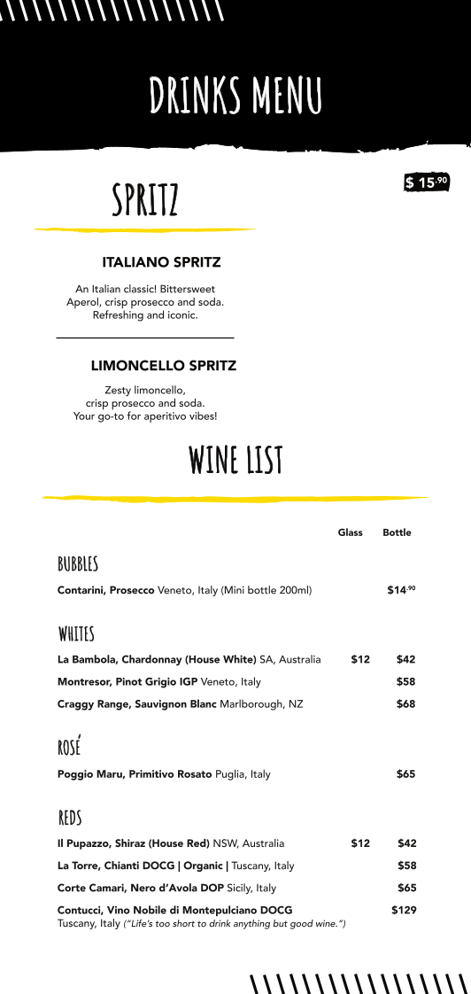 Menu, Gnocchi Gnocchi Brothers, Newtown