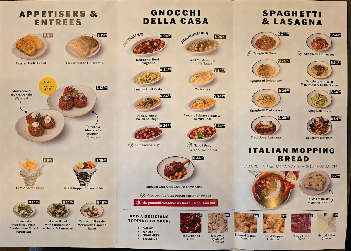 Menu, Gnocchi Gnocchi Brothers, Newtown