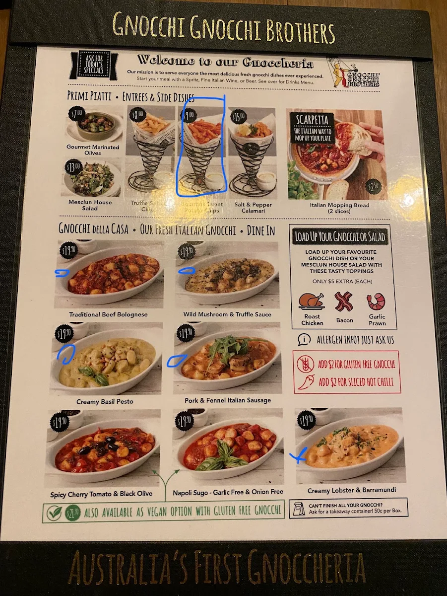 Menu, Gnocchi Gnocchi Brothers, Newtown