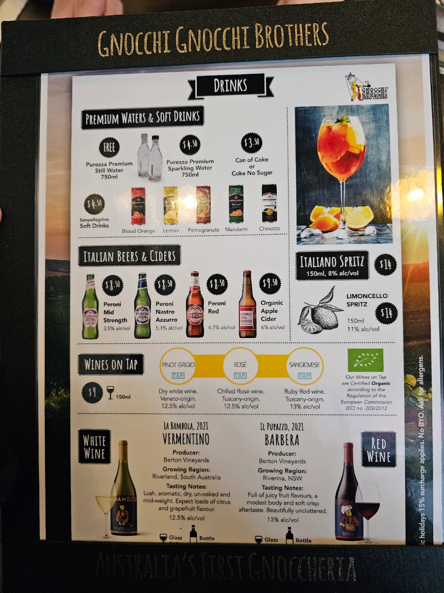 Menu, Gnocchi Gnocchi Brothers, Newtown