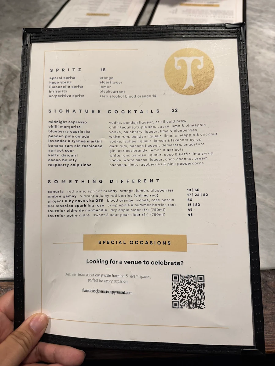 Menu, The Terminus Pyrmont