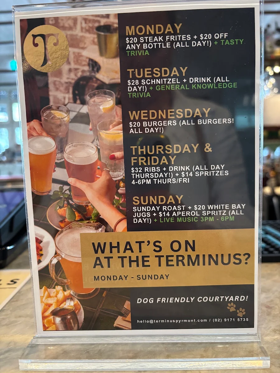 Menu, The Terminus Pyrmont
