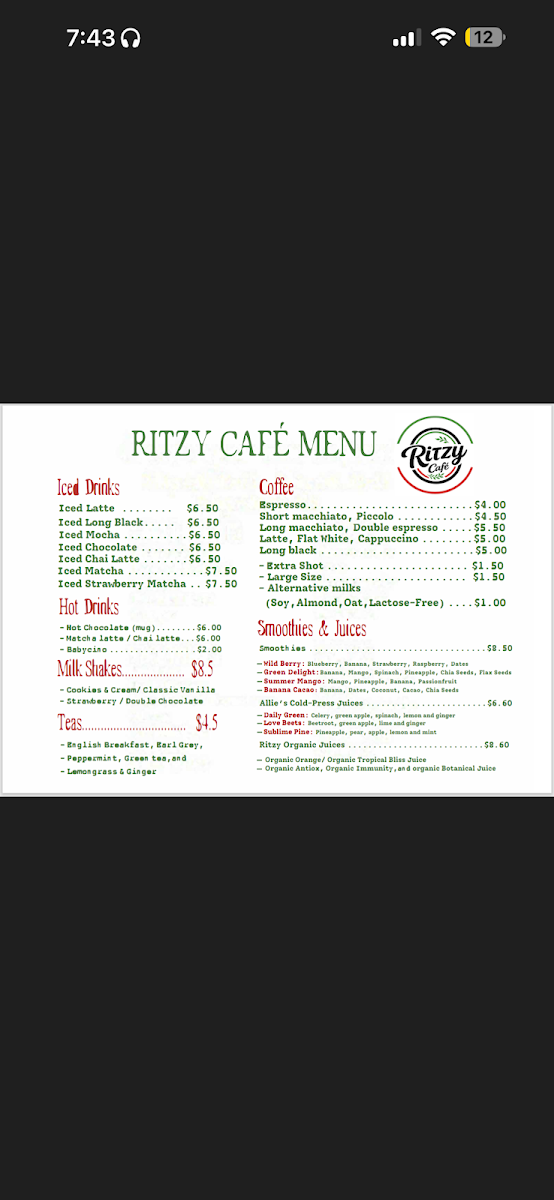 Menu, Ritzy Cafe’