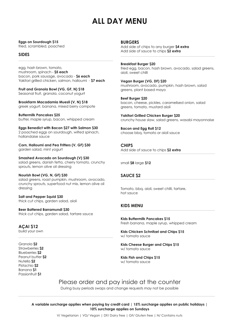 Menu, The Pass Cafe