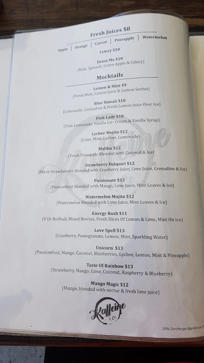 Menu, Kaffeine & Co Yagoona