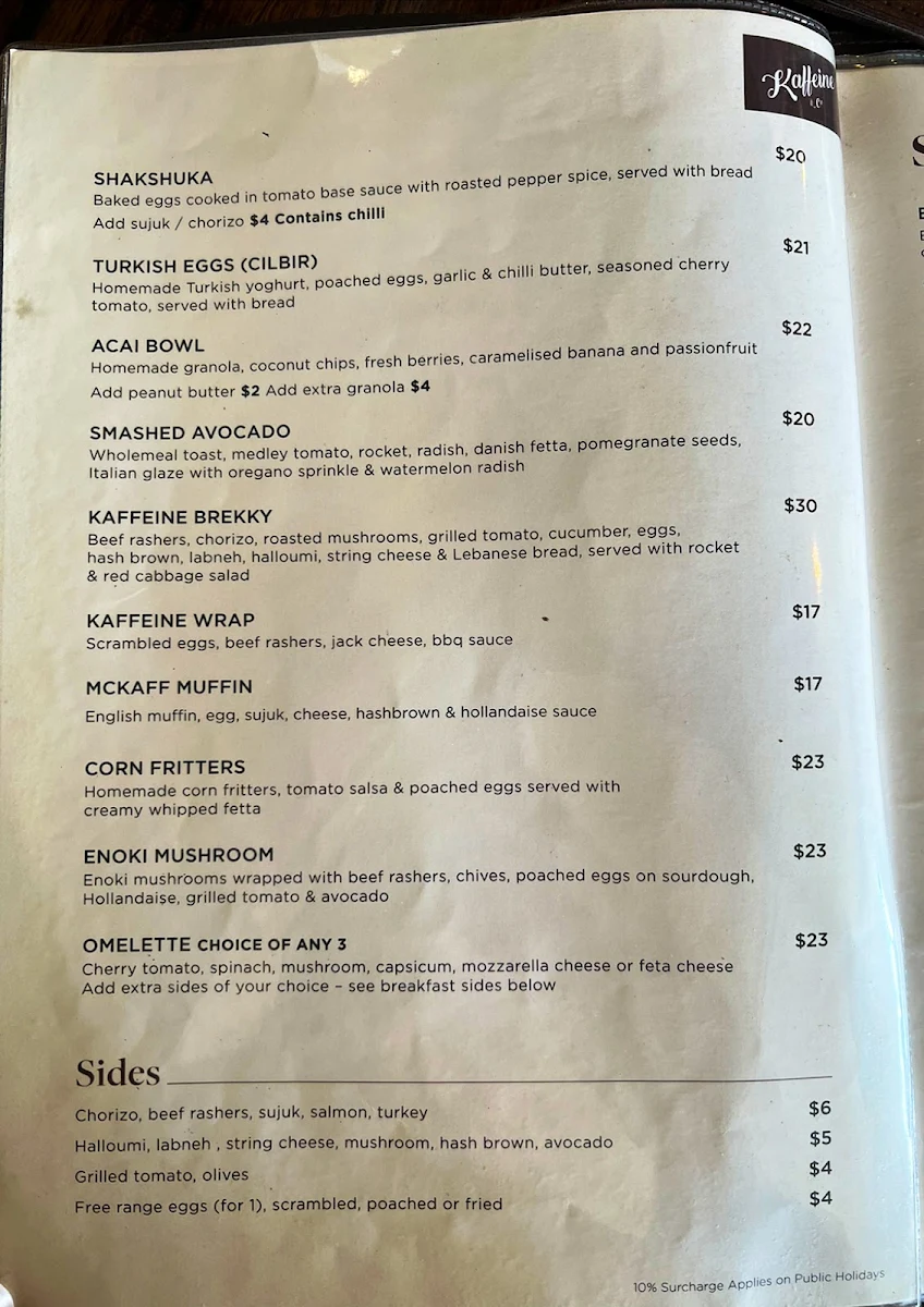 Menu, Kaffeine & Co Yagoona
