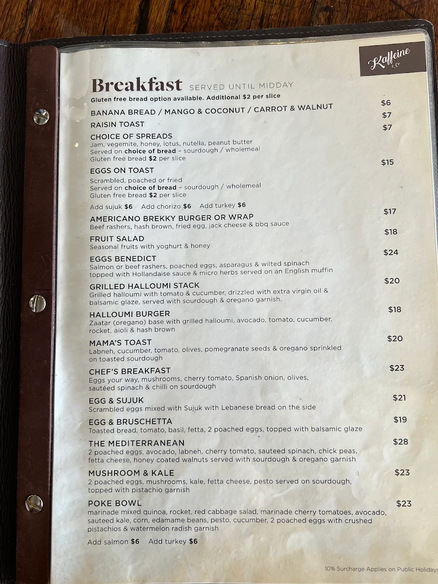Menu, Kaffeine & Co Yagoona