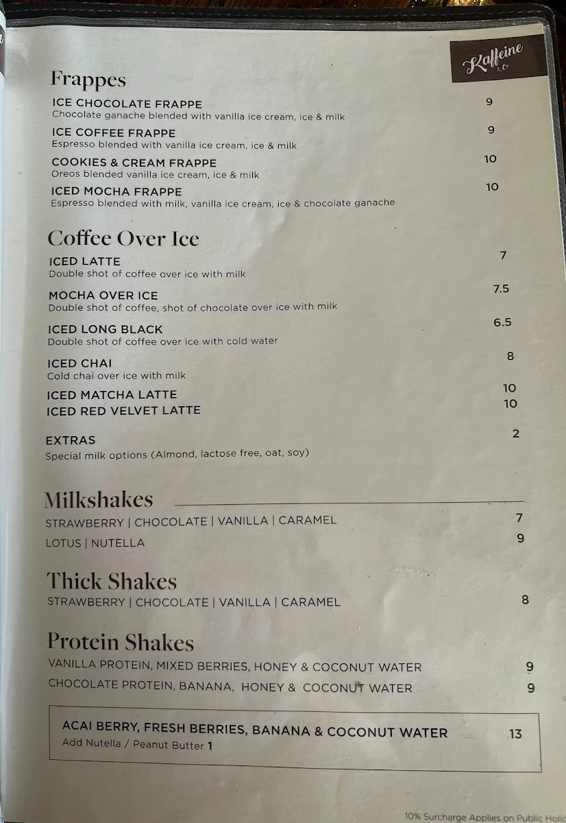 Menu, Kaffeine & Co Yagoona