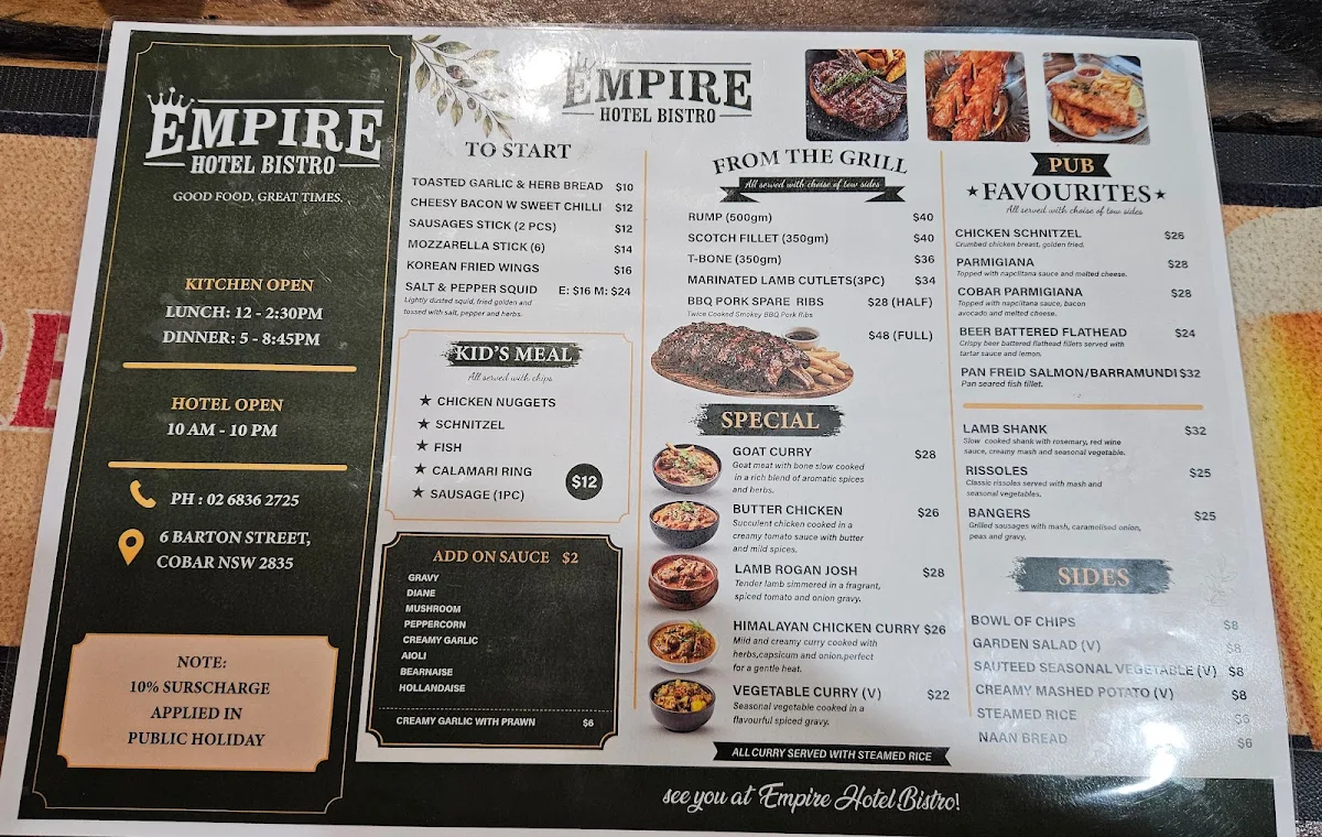 Menu, Empire Hotel