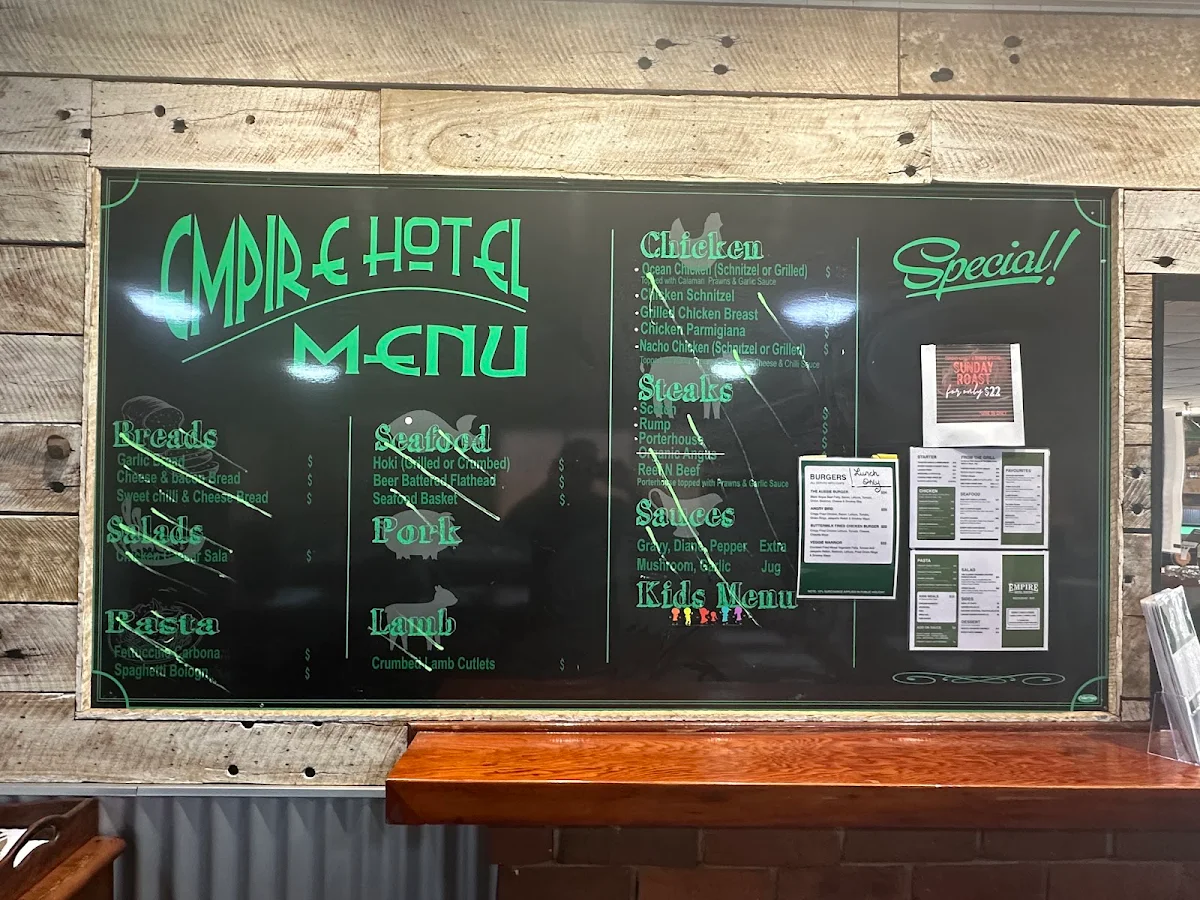 Menu, Empire Hotel