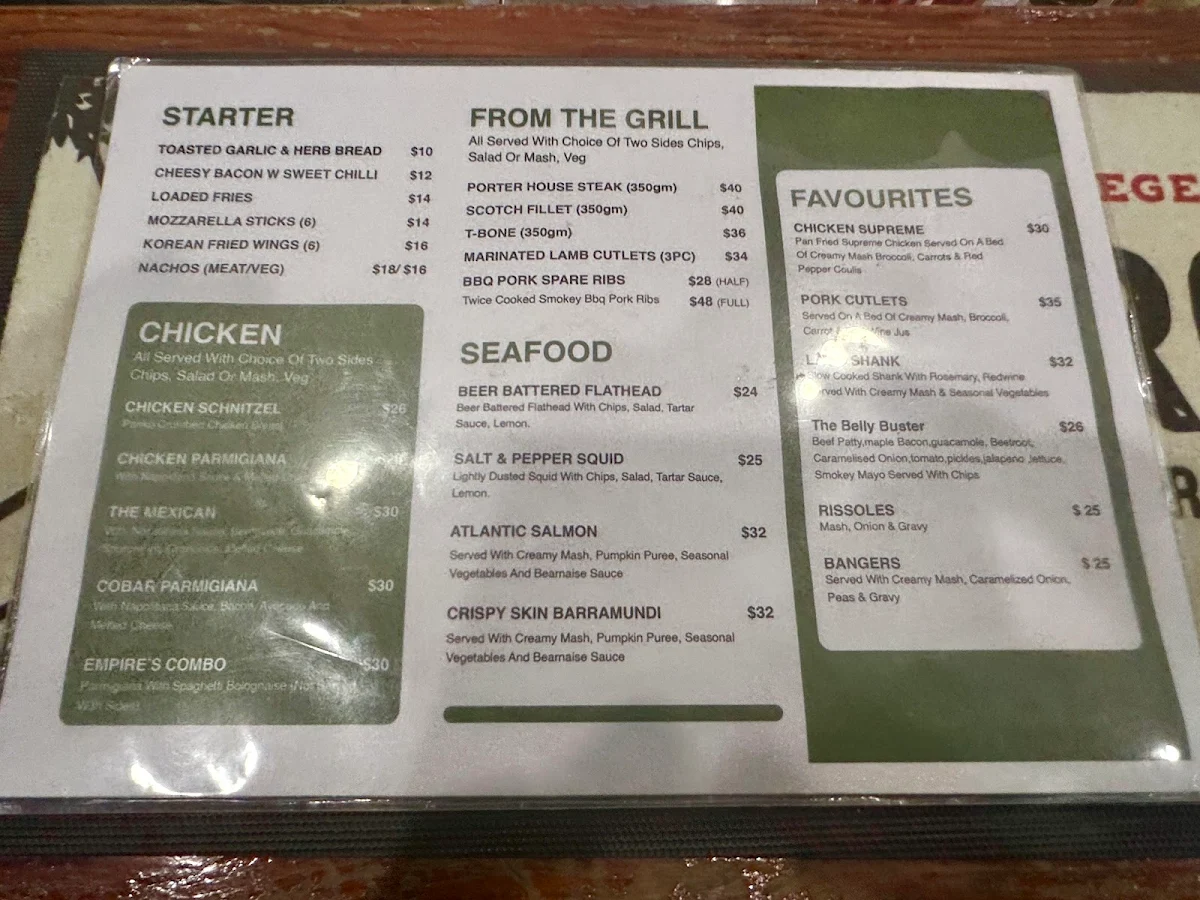 Menu, Empire Hotel