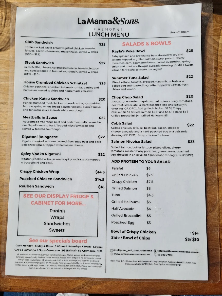 Menu, LaManna & Sons - Cremorne