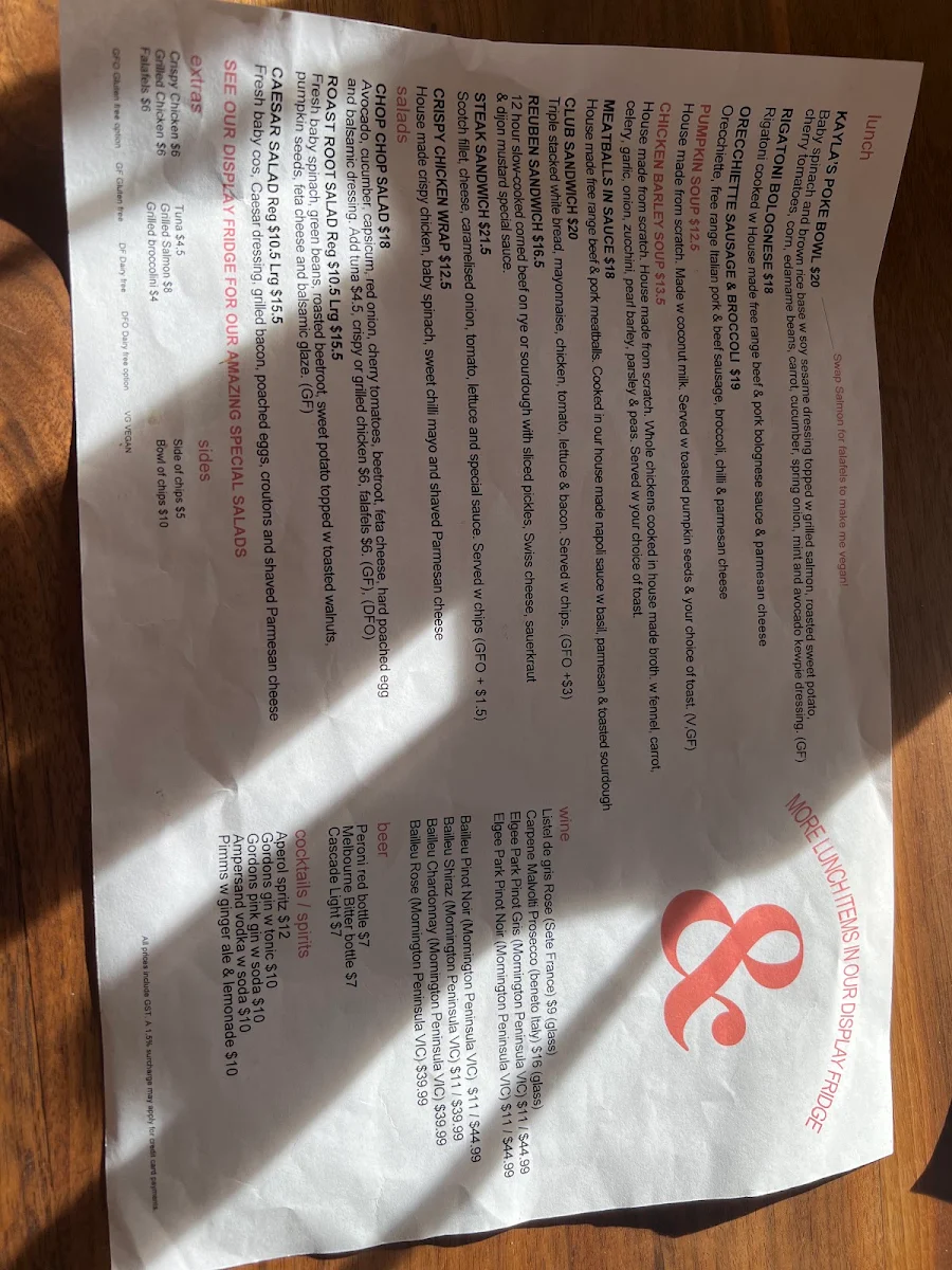 Menu, LaManna & Sons - Cremorne