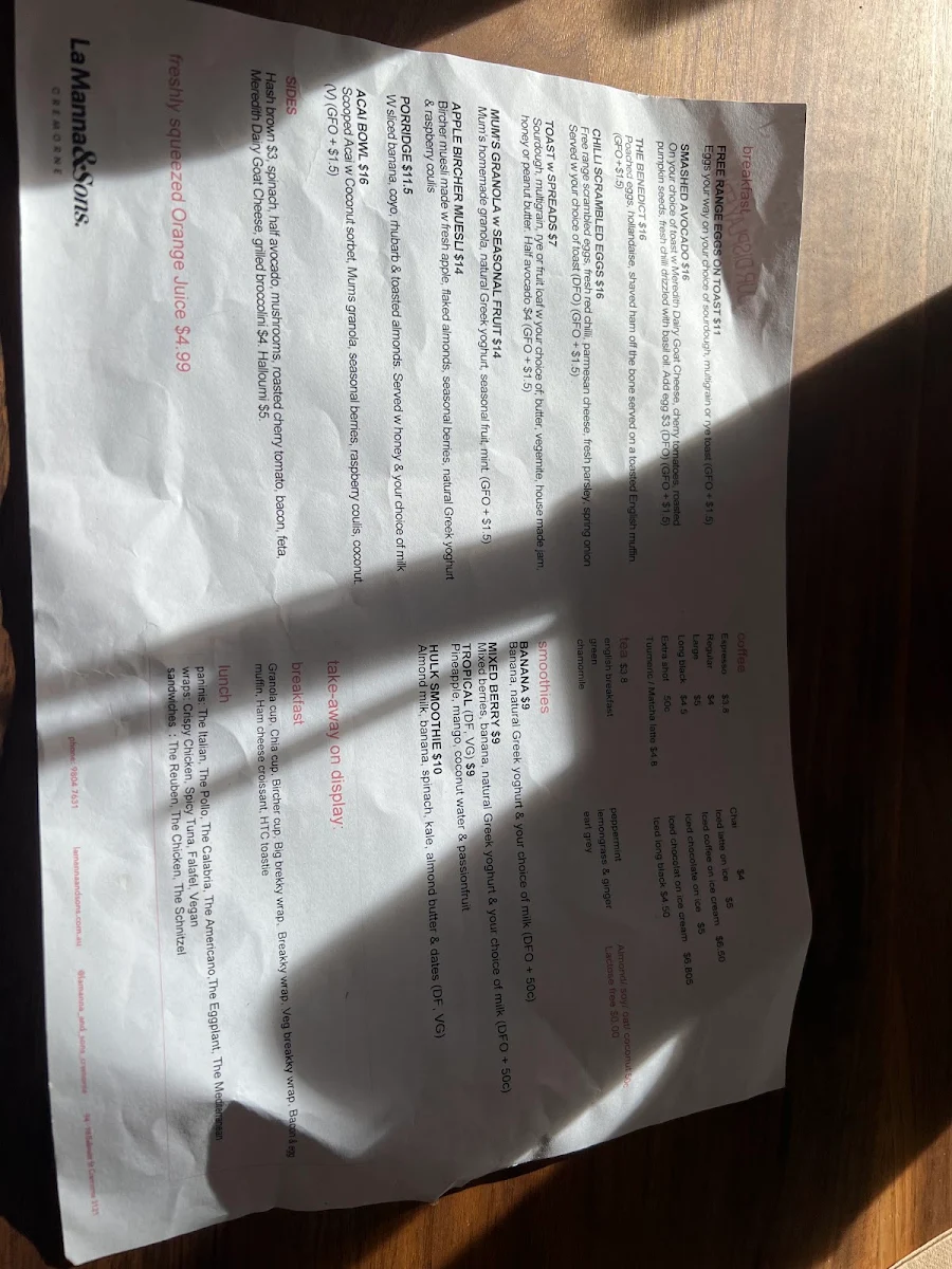 Menu, LaManna & Sons - Cremorne