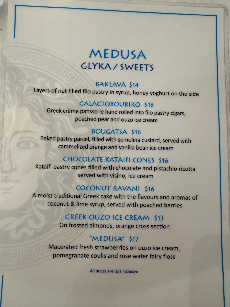 Menu, Medusa Greek Taverna
