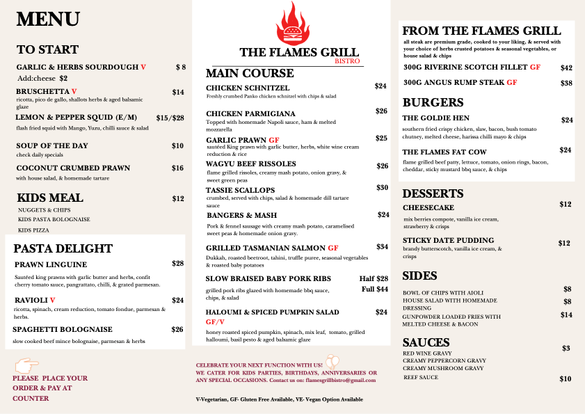 Menu, The Flames Grill Bistro