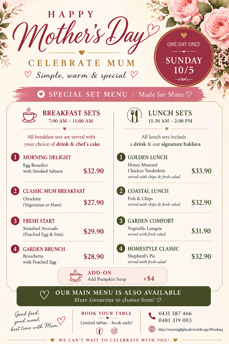 Menu, Morning light cafe