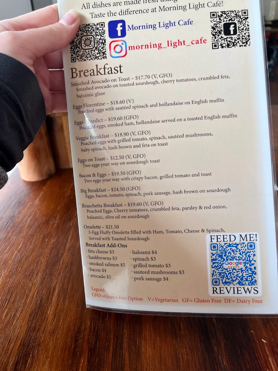 Menu, Morning light cafe