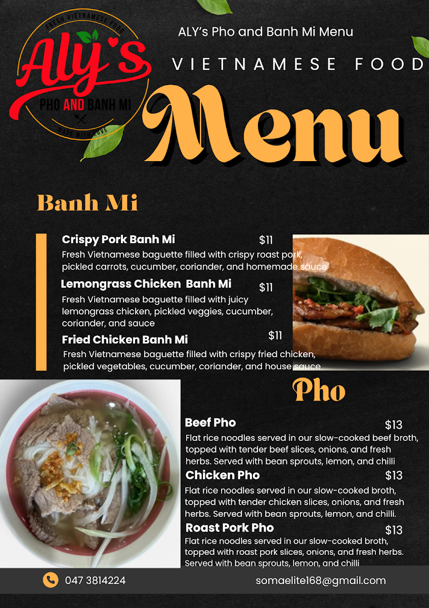 Menu, Aly's Pho and Banh Mi