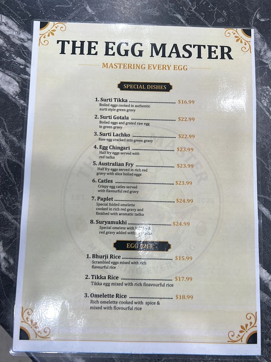 Menu, The Egg Master