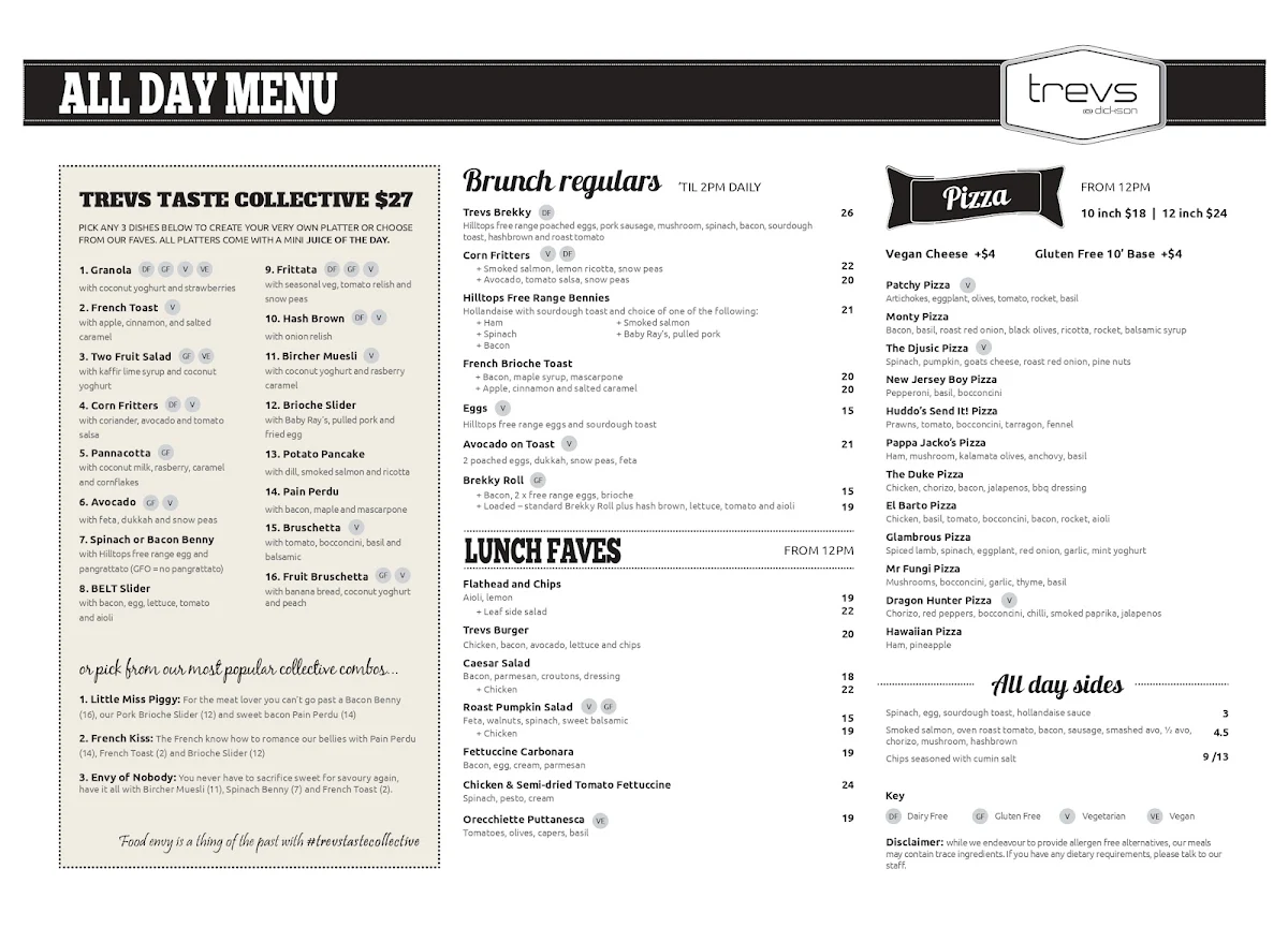 Menu, Trev’s Restaurant and Cafe