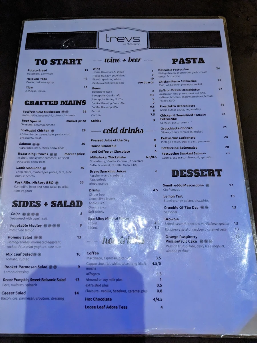 Menu, Trev’s Restaurant and Cafe