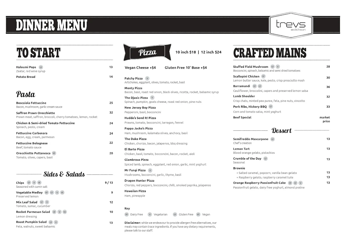 Menu, Trev’s Restaurant and Cafe