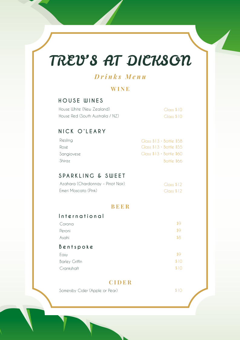 Menu, Trev’s Restaurant and Cafe