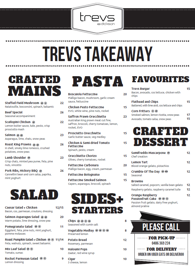Menu, Trev’s Restaurant and Cafe