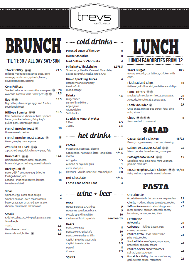 Menu, Trev’s Restaurant and Cafe