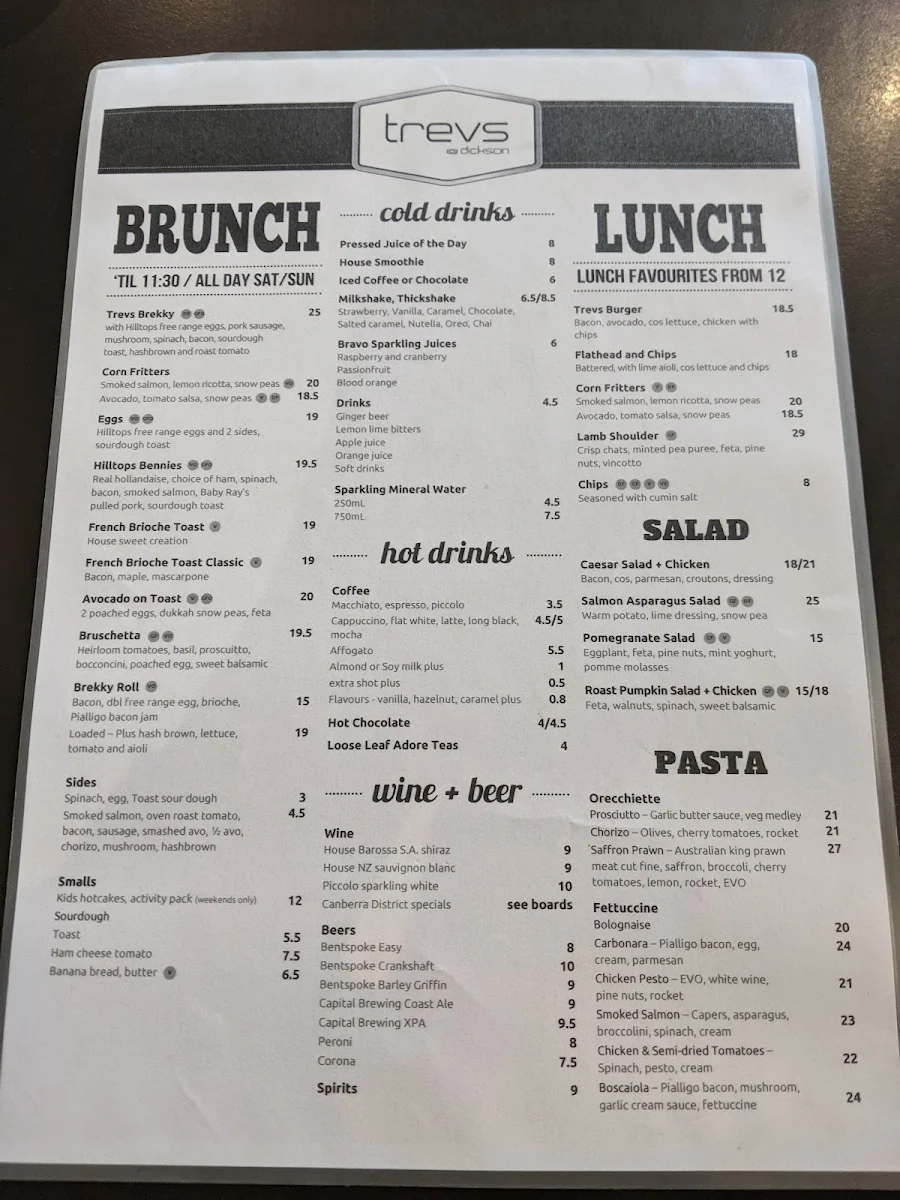Menu, Trev’s Restaurant and Cafe